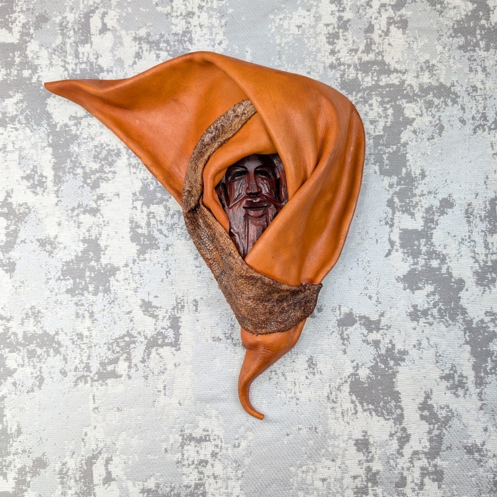 Handmade Molded Leather and Wood Carved Face Wall Hanging Snakeskin Accent